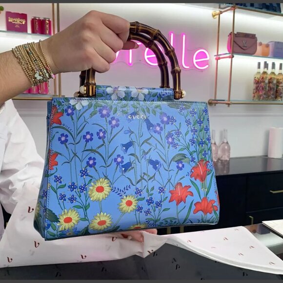 Gucci Nymphae Azure Shanghai Leather Handbag Snap Floral Blue Gold Bag Purse NEW - Picture 2 of 16